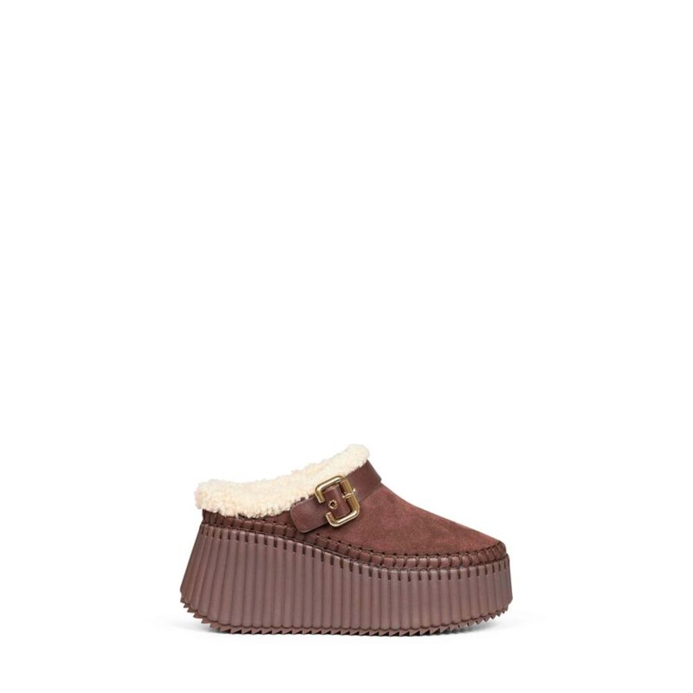 Chloé Women Sharp Brown Nama Wedge Mules